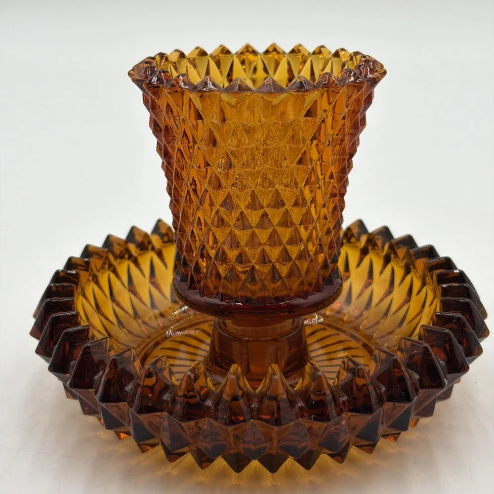 Vintage Indiana Glass Amber Diamond Point Candle Holder/Votive Cup 5